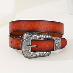 Vintage Flower Pattern PU Jeans Pants Belt Embossed Brown Embossed Belt