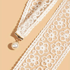Lace Sash Belt Faux Pearl Pendant Bowknot Waistband Decorative Girdle