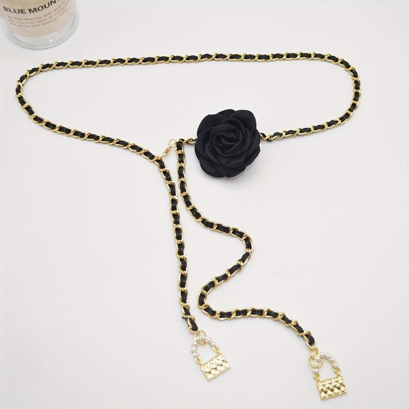 Flower Decor Waist Chain & Braided Metal Dress Girdle For Women