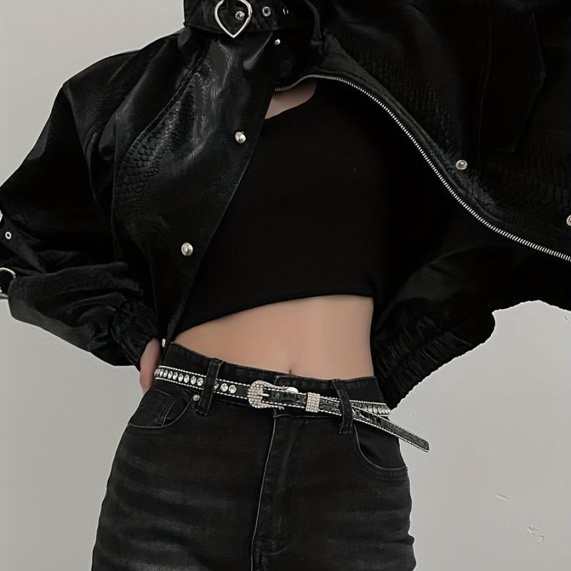 Rhinestone Thin PU Belt Y2K Jeans Stylish Dress Girdle Women