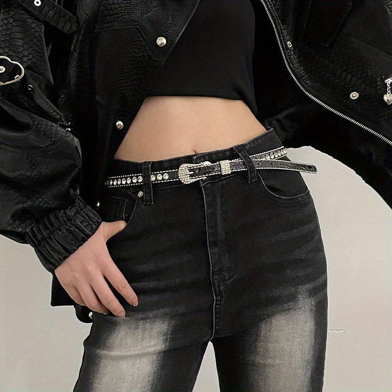 Rhinestone Thin PU Belt Y2K Jeans Stylish Dress Girdle Women