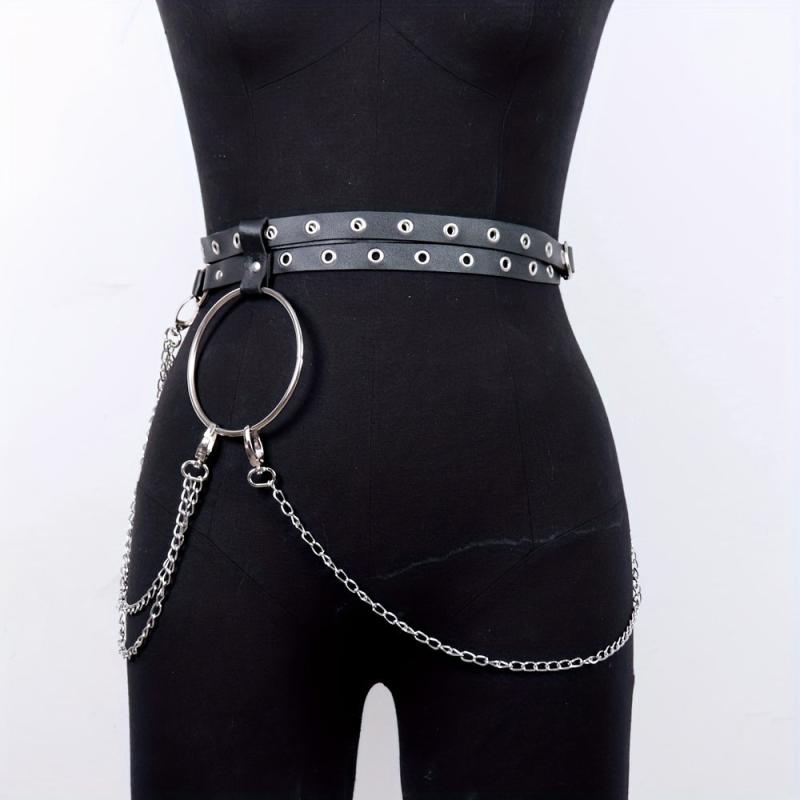 Eyelet Belt Punk Chain Fringe PU Leather Waistband for Women