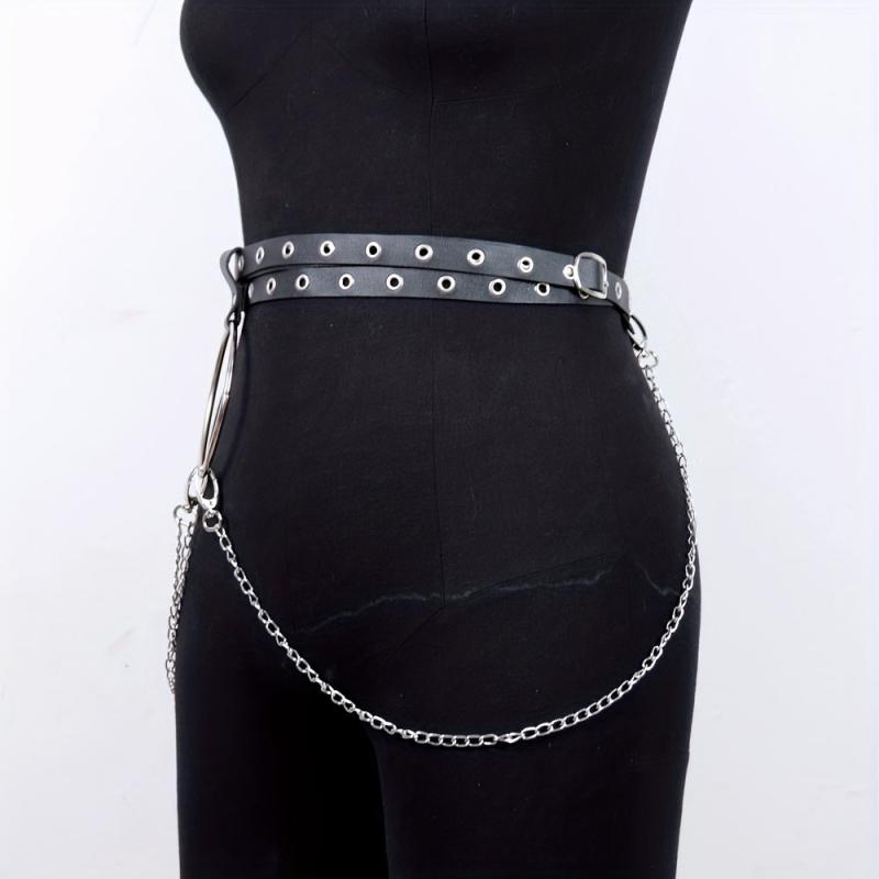 Eyelet Belt Punk Chain Fringe PU Leather Waistband for Women