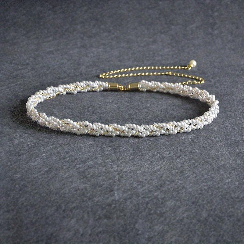 Faux Pearl Braided Belt Crystal Tassel Metal Waistband Decorative Dress Girdle