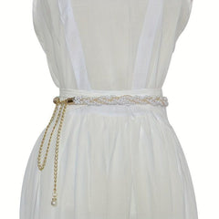 Faux Pearl Braided Belt Crystal Tassel Metal Waistband Decorative Dress Girdle