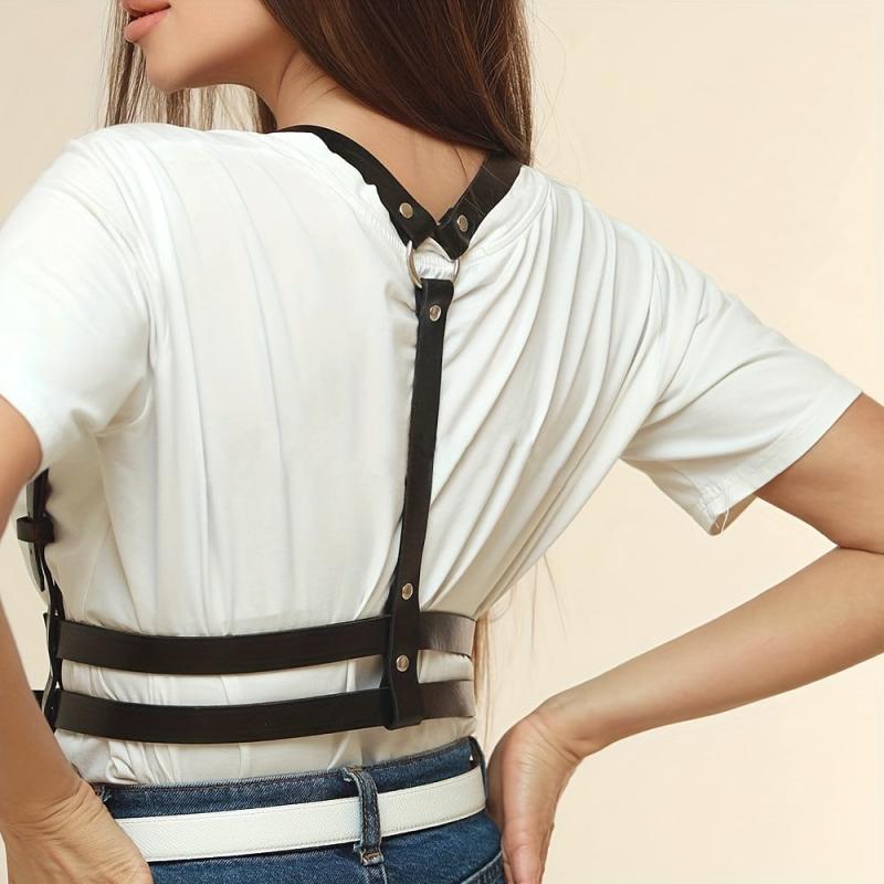 Punk PU Leather Harness Belt Double Layer Pin Buckle Waistband Corset Suspenders