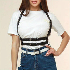 Punk PU Leather Harness Belt Double Layer Pin Buckle Waistband Corset Suspenders