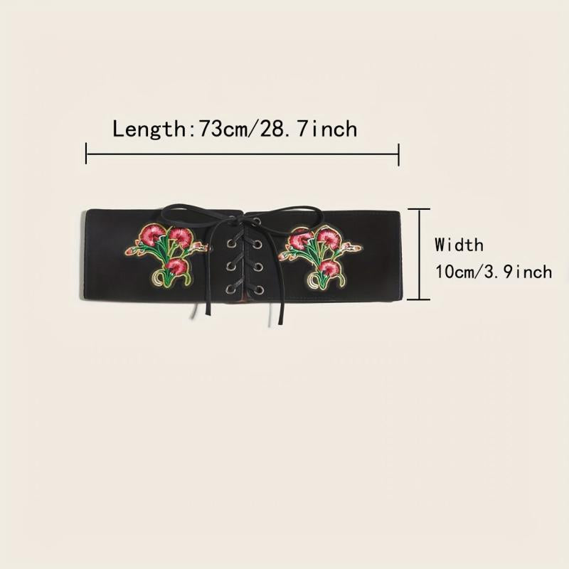 Vintage Flower Embroidery Wide Belt Lace Up Elastic Waistband