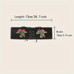 Vintage Flower Embroidery Wide Belt Lace Up Elastic Waistband