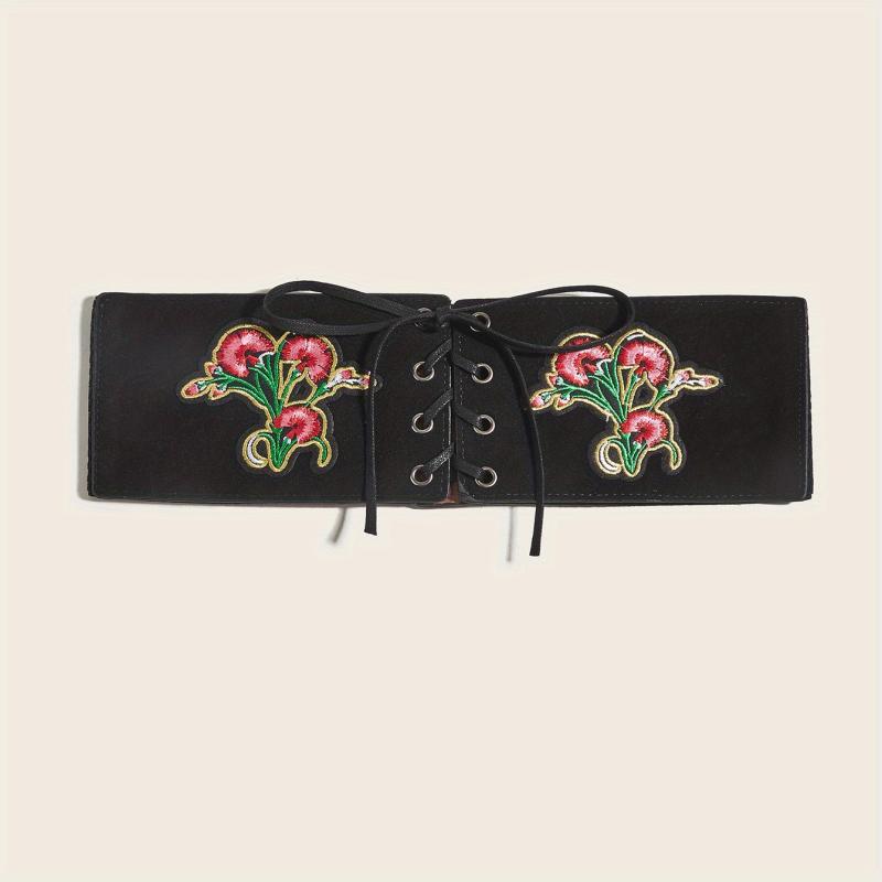 Vintage Flower Embroidery Wide Belt Lace Up Elastic Waistband