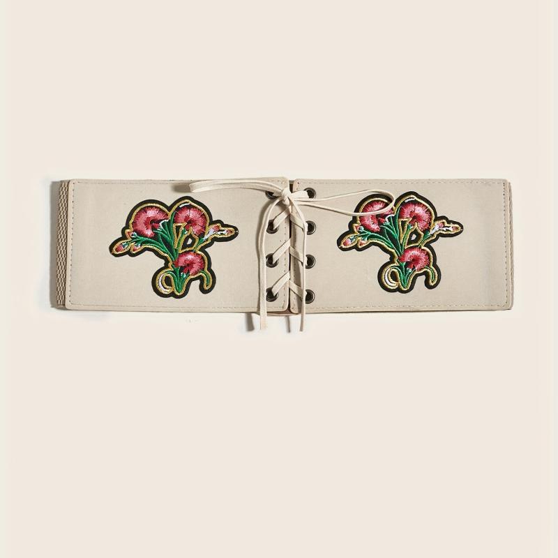Vintage Flower Embroidery Wide Belt Lace Up Elastic Waistband