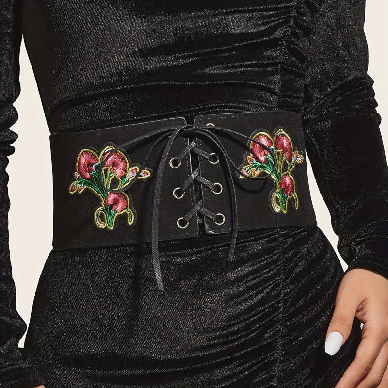 Vintage Flower Embroidery Wide Belt Lace Up Elastic Waistband
