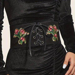Vintage Flower Embroidery Wide Belt Lace Up Elastic Waistband