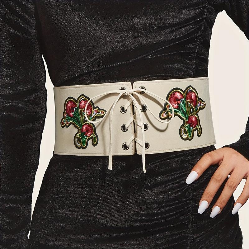 Vintage Flower Embroidery Wide Belt Lace Up Elastic Waistband