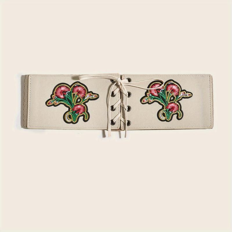 Vintage Flower Embroidery Wide Belt Lace Up Elastic Waistband