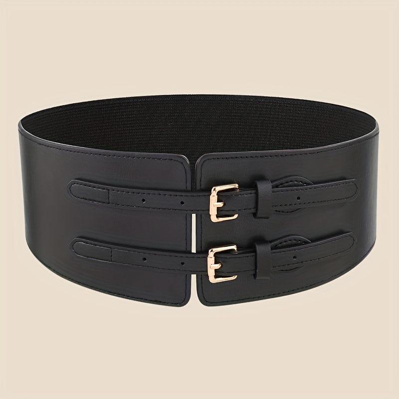 Double Rivet Belt Buckle Belt PU Wide Belt Elastic Waistband for Women