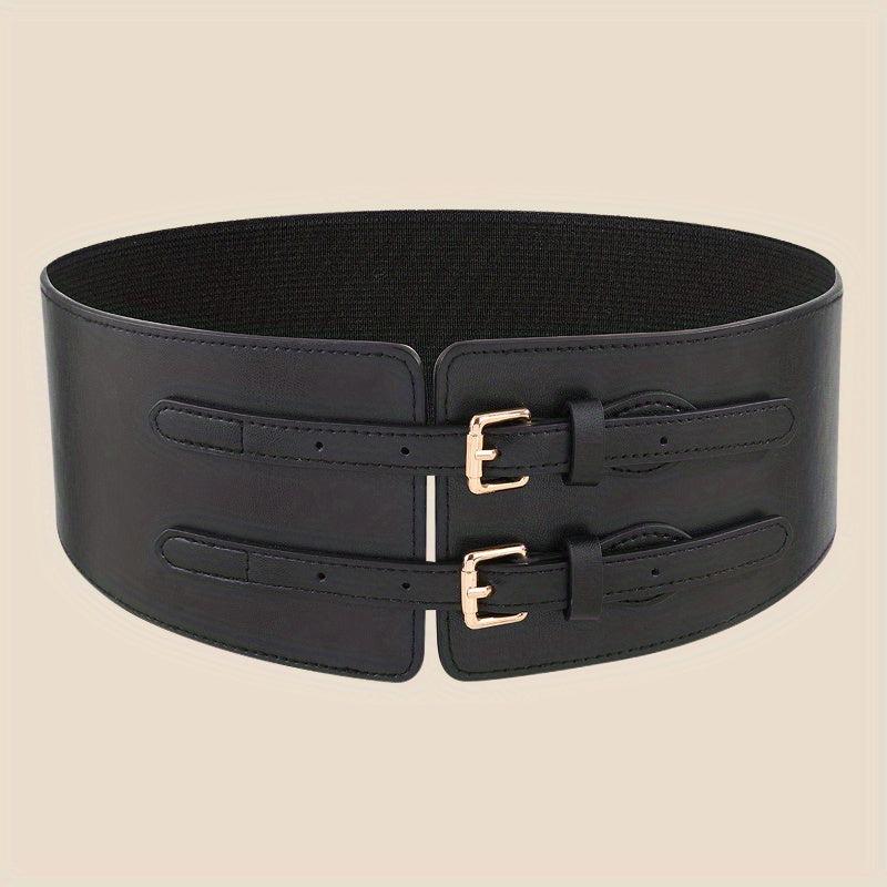 Double Rivet Belt Buckle Belt PU Wide Belt Elastic Waistband for Women