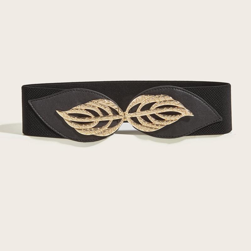 Leaf Buckle Elastic Belt Vintage Elastic Waist Belt Metal Buckle Belt