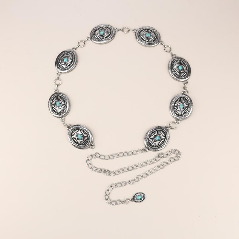 Vintage Oval Turquoise Waist Chain Boho Metal Chain Belt