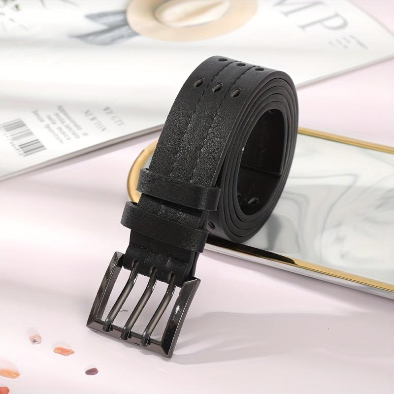 Eyelet Hollow Out PU Belt Stylish Square Three Pin Buckle Waistband
