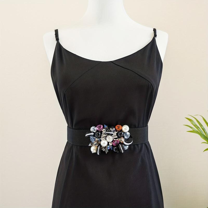 Rhinestone Faux Pearl Waist Belt Elastic Girdle Women Punk Dress Waistband