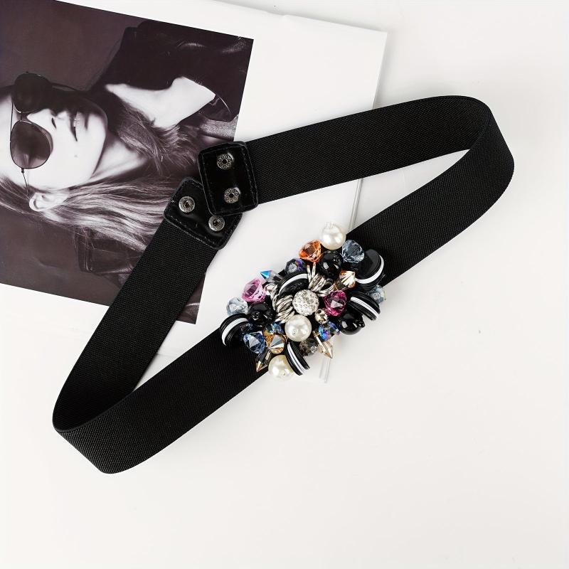 Rhinestone Faux Pearl Waist Belt Elastic Girdle Women Punk Dress Waistband
