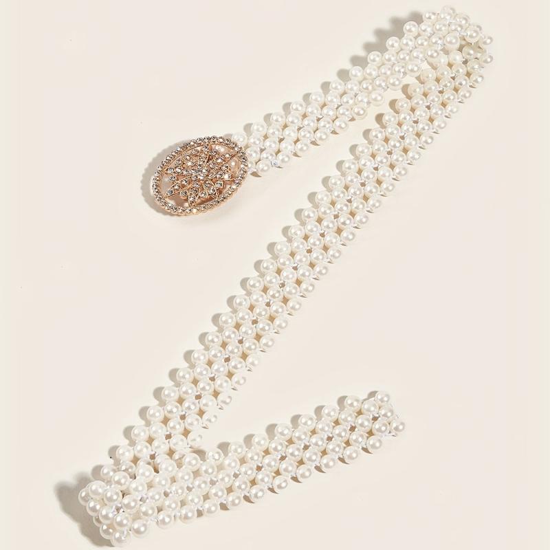 Elastic Faux Pearl Belt with Rhinestone Buckle for Women Dress