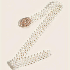 Elastic Faux Pearl Belt with Rhinestone Buckle for Women Dress