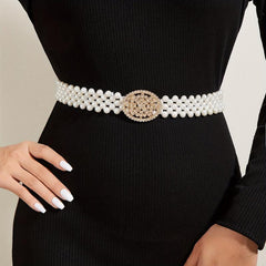 Elastic Faux Pearl Belt with Rhinestone Buckle for Women Dress