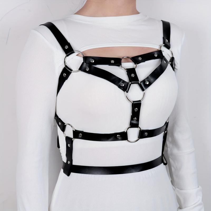 Rivet Chain Ring Linked Harness Belt Cage Bra Gothic PU Leather Belt