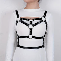 Rivet Chain Ring Linked Harness Belt Cage Bra Gothic PU Leather Belt