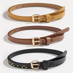 3pcs Thin PU Belt Rivet Decor Solid Belt Square Pin Buckle Belt Casual Girdle