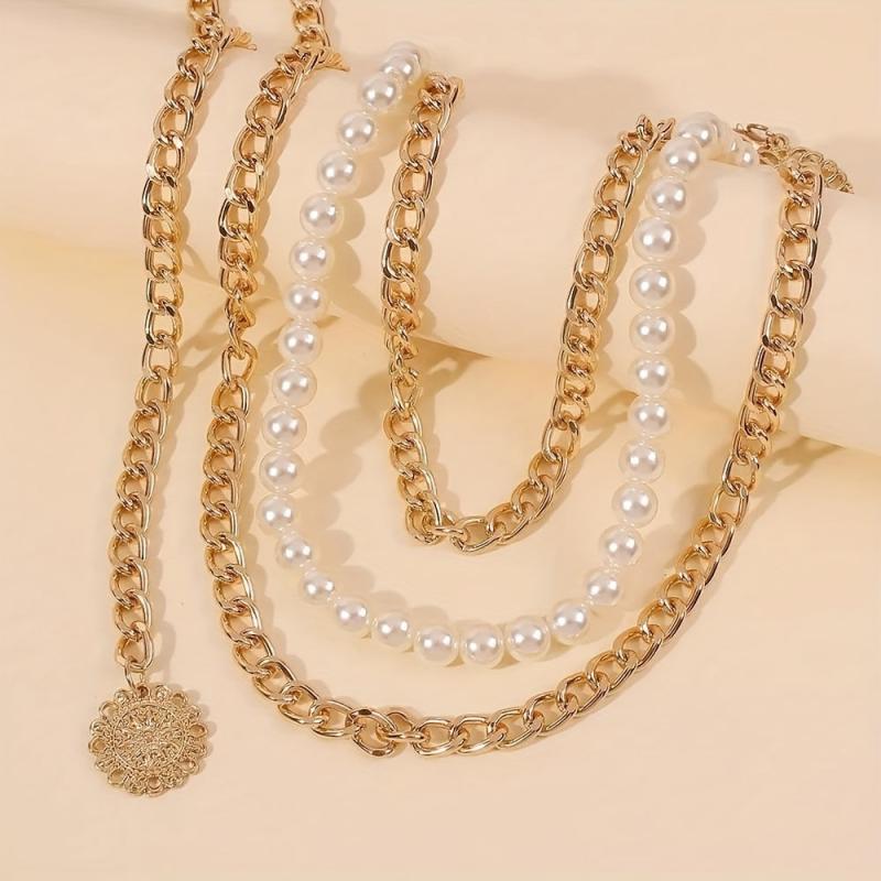 Metal Waist Chain Faux Pearl Dress Chain Pendant Tassel Jewelry