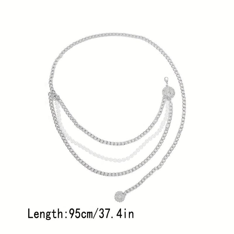 Metal Waist Chain Faux Pearl Dress Chain Pendant Tassel Jewelry