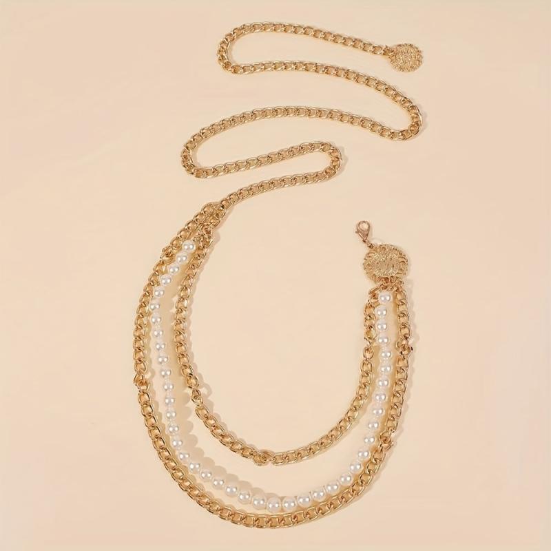 Metal Waist Chain Faux Pearl Dress Chain Pendant Tassel Jewelry
