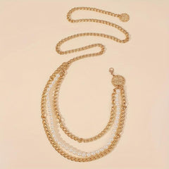 Metal Waist Chain Faux Pearl Dress Chain Pendant Tassel Jewelry