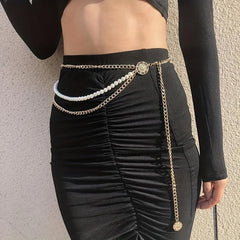 Metal Waist Chain Faux Pearl Dress Chain Pendant Tassel Jewelry