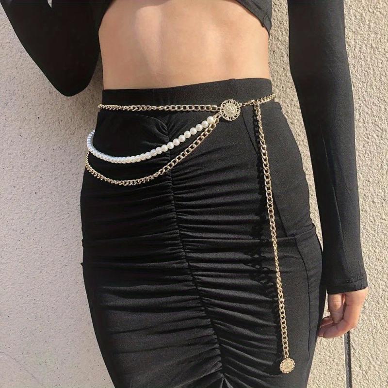 Metal Waist Chain Faux Pearl Dress Chain Pendant Tassel Jewelry