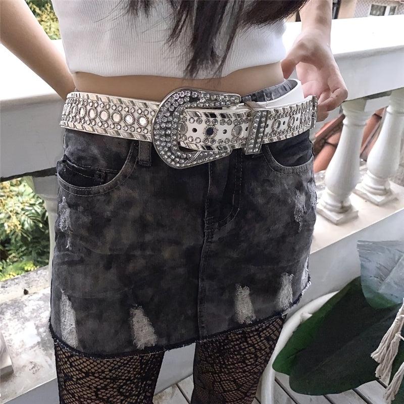 Vintage Wide Waist Belts Rhinestone Rock Strap Belt Y2K Women Belts