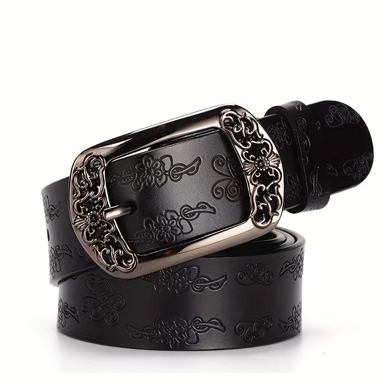 Boho Flower Embossed Microfiber Leather Belt Women