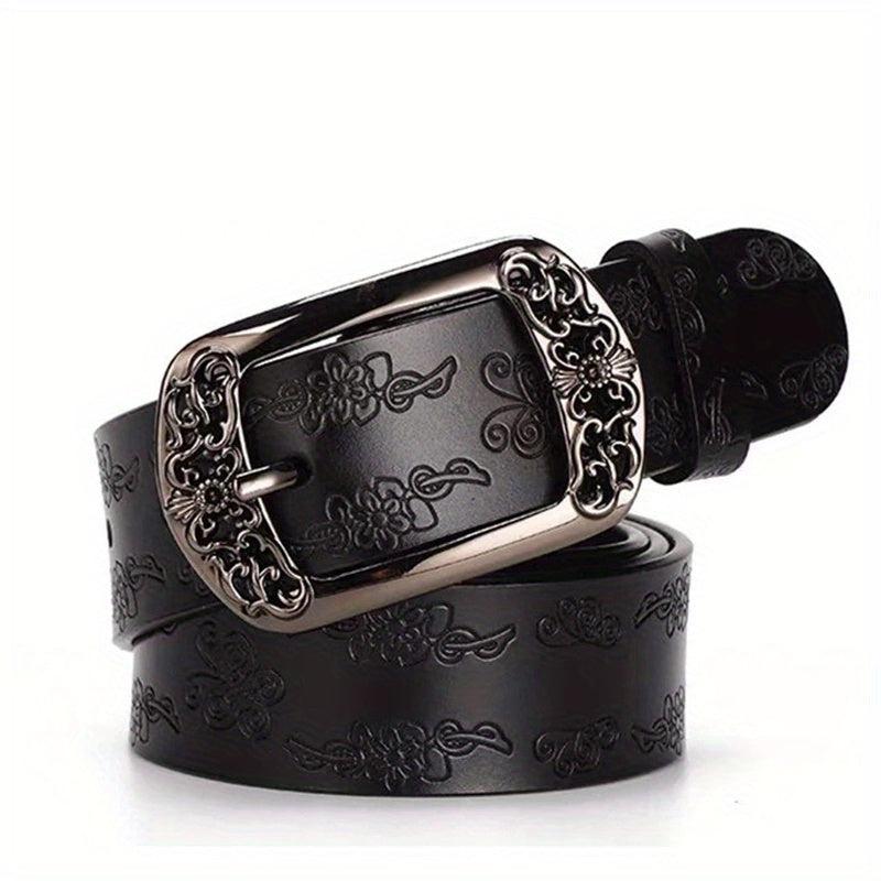 Boho Flower Embossed Microfiber Leather Belt Women