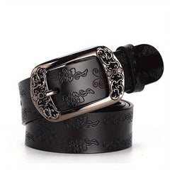 Boho Flower Embossed Microfiber Leather Belt Women