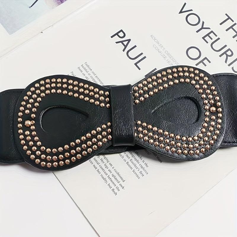 Vintage 8 Shaped Rivet Buckle Belt Elastic PU Leather Wide Belt