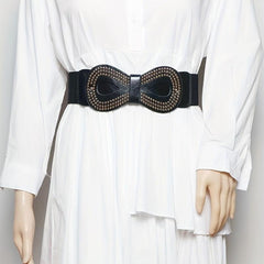 Vintage 8 Shaped Rivet Buckle Belt Elastic PU Leather Wide Belt
