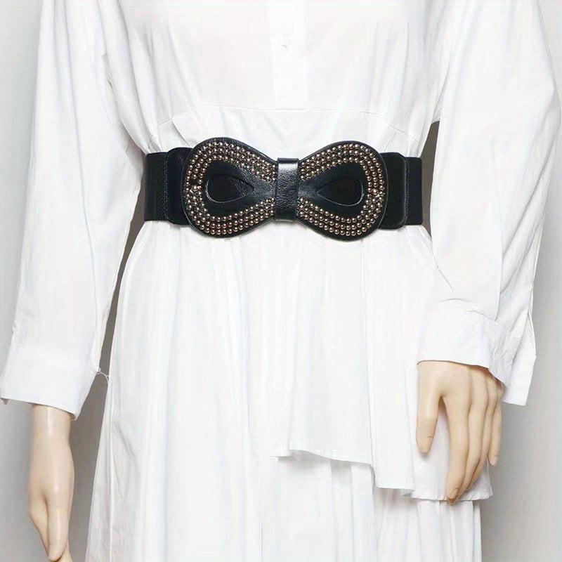 Vintage 8 Shaped Rivet Buckle Belt Elastic PU Leather Wide Belt