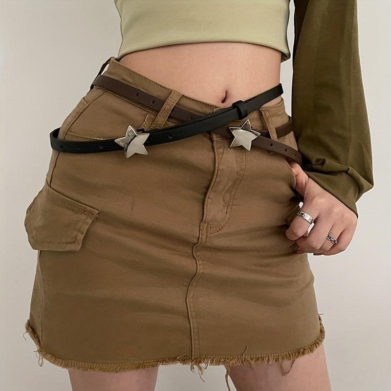 Pentagram Buckle Y2K Thin Belt Solid PU Leather Punk Dress Belt