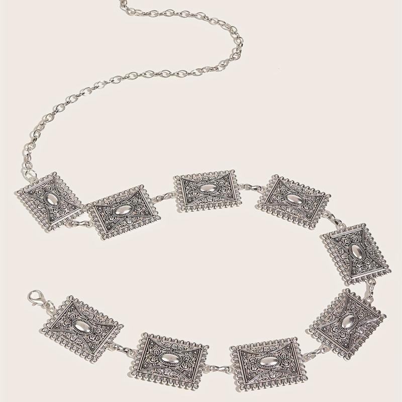 Vintage Carved Silvery Waist Chain Boho Metal Chain Belt Western Dress Girdle