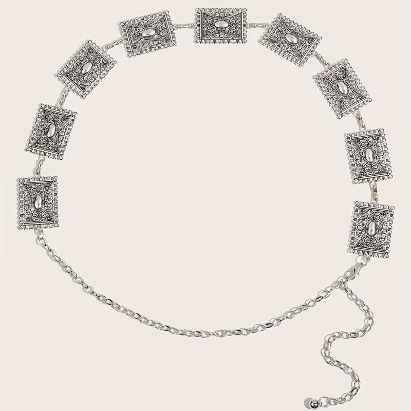Vintage Carved Silvery Waist Chain Boho Metal Chain Belt Western Dress Girdle