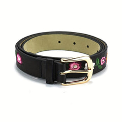 Boho Flower Embroidery Belt Vintage Pin Buckle PU Leather Waistband