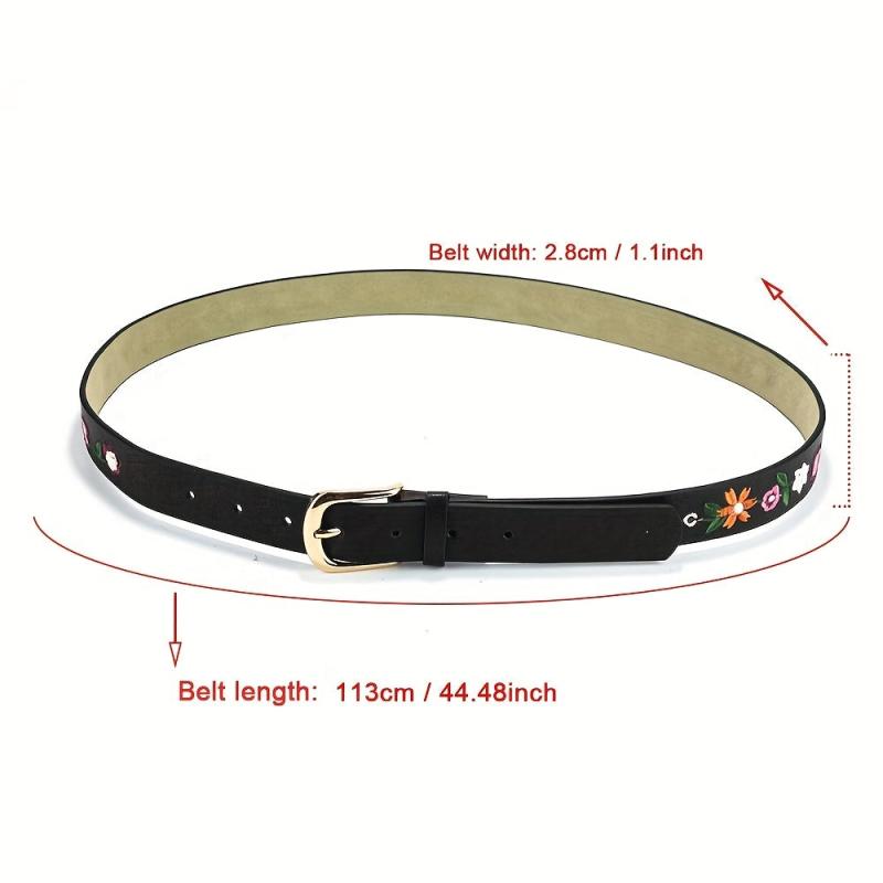 Boho Flower Embroidery Belt Vintage Pin Buckle PU Leather Waistband